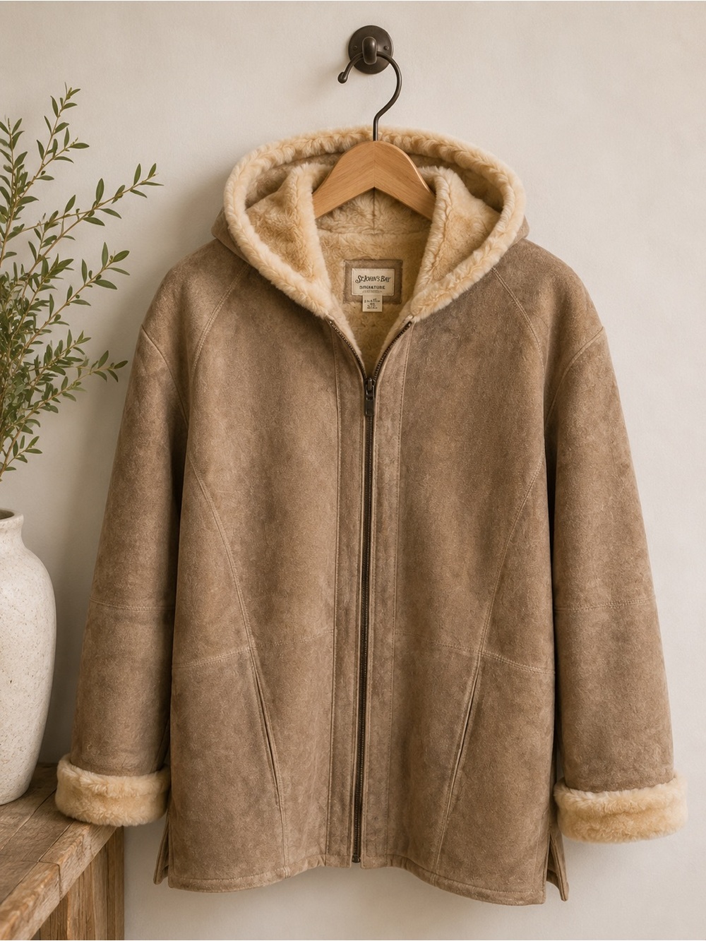 St. John’s Bay Women’s 2X Washable Suede Hooded Sherpa Lined Jacket Tan